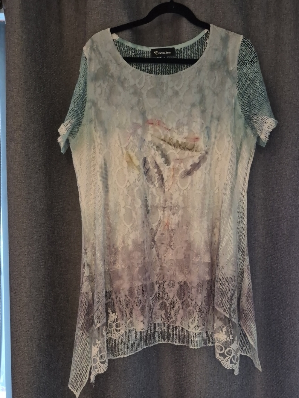 Lace Overlay Short Sleeve Top in Mint Tie-Dye
